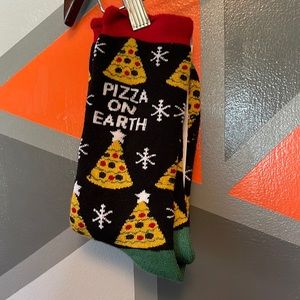 Novelty Holiday socks. “Pizza on Earth”